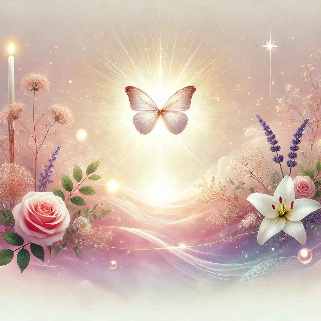 AI Generated. A serene and spiritual blog header design featuring a soft, glowing light with delicate pastel colors. The background is a soft gradient of pinks.